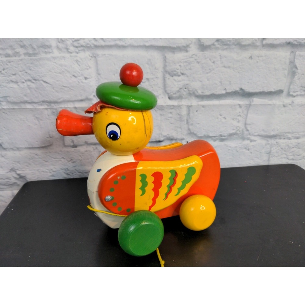 Vintage Duck Pull Toy Walter Germany Quacker orange Yellow Green a3